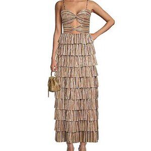 Gianni Bini Grace Metallic Plisse Sweetheart Neck Cut-Out Tiered Dress, Size 8